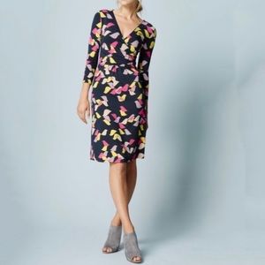 Boden Elena faux mock wrap jersey viscose dress 6R with 3/4 sleeve birds Easter